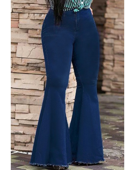 Lovely Trendy High Waist Flared Deep Blue Denim Zipped Jeans