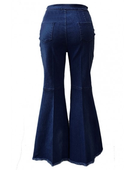 Lovely Trendy High Waist Flared Deep Blue Denim Zipped Jeans