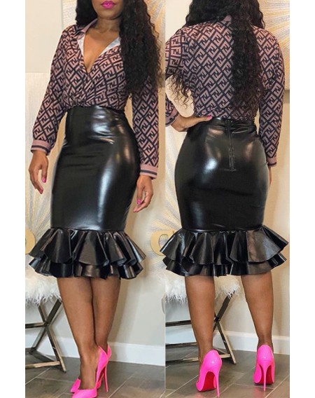 Lovely Chic Flounce Design Black Knee Length Skirt