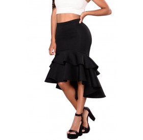 Lovely Trendy Flounce Design  Black Knee Length Skirt