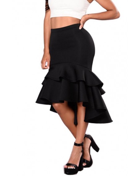 Lovely Trendy Flounce Design  Black Knee Length Skirt
