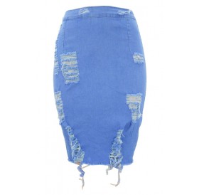 LovelyTrendy Broken Holes Light Blue Denim Sheath Knee Length Skirts
