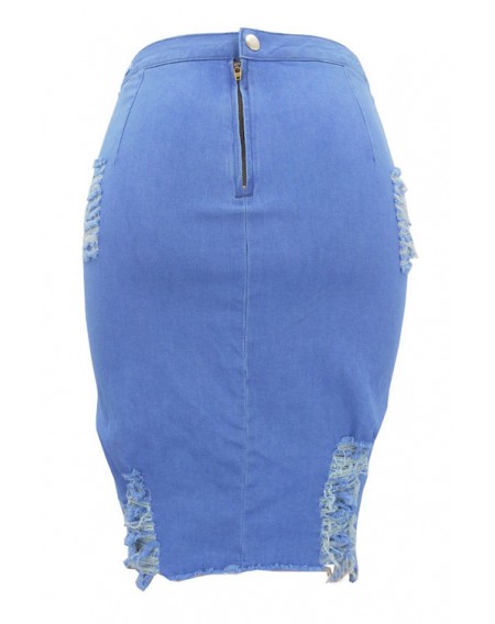 LovelyTrendy Broken Holes Light Blue Denim Sheath Knee Length Skirts
