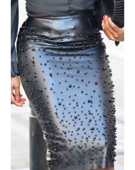 Lovely Work Nail Bead Design Black Knee Length Sheath Skirt