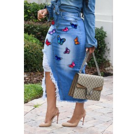 Lovely Casual Embroidered Design Blue Mid Calf Skirt