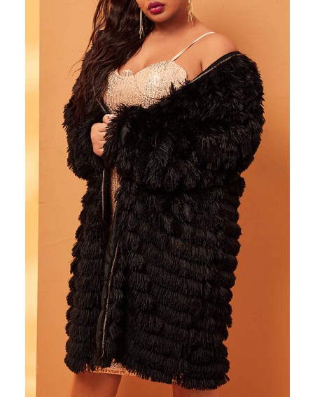 Lovely Casual Ruffle Design Pitch-black Plus Size Coat