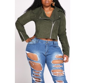 Lovely Casual Zipper Design Army Green Plus Size Jacket