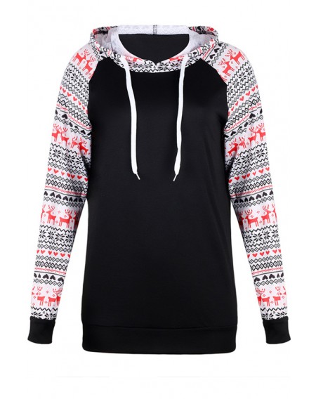 Lovely Christmas Day Hooded Collar Patchwork Black Hoodie